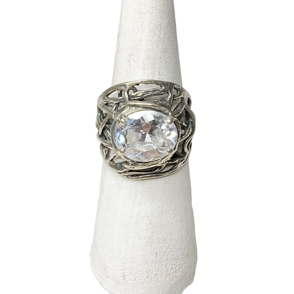 RARE Sterling Silver 925 Woven Branch Nest & Crystal CZ Boho Cocktail Ring 7 - Picture 3 of 14